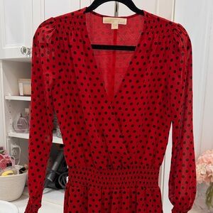 Michael Kors Red and Black Polka Dot Long-Sleeve Wrap Dress